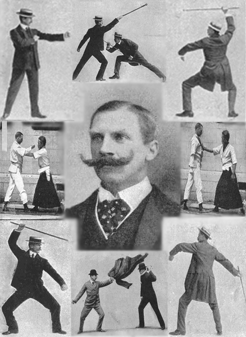 shows English gentlemen from 1900 in suits and striking combative poses, often with a cane